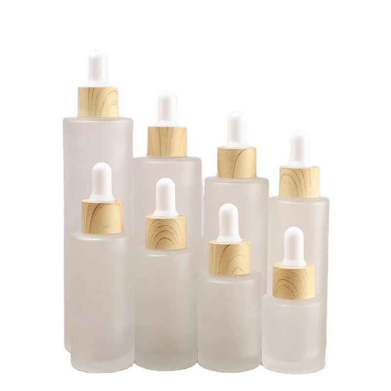 Frosted Essential Oil glass bottle serum glass bottle Flat Shoulder Dropper bottle with Plastic environmentally wood grain ring