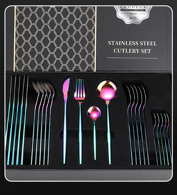 24 pieces stainless steel knife, fork and spoon set, lacquered gold plated tableware gift box