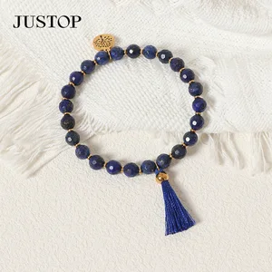 Natural Gemstone Lapiz Lazuli Power Bracelet Beaded Crystal Healing Bracelet with Tassel Gold Plated