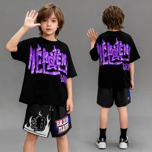 Custom Printed Design logo Streetwear Print Oversize T Shirt Shorts Set Boys Clothes Custom Kids Summer Acid Wash Two Piece Set