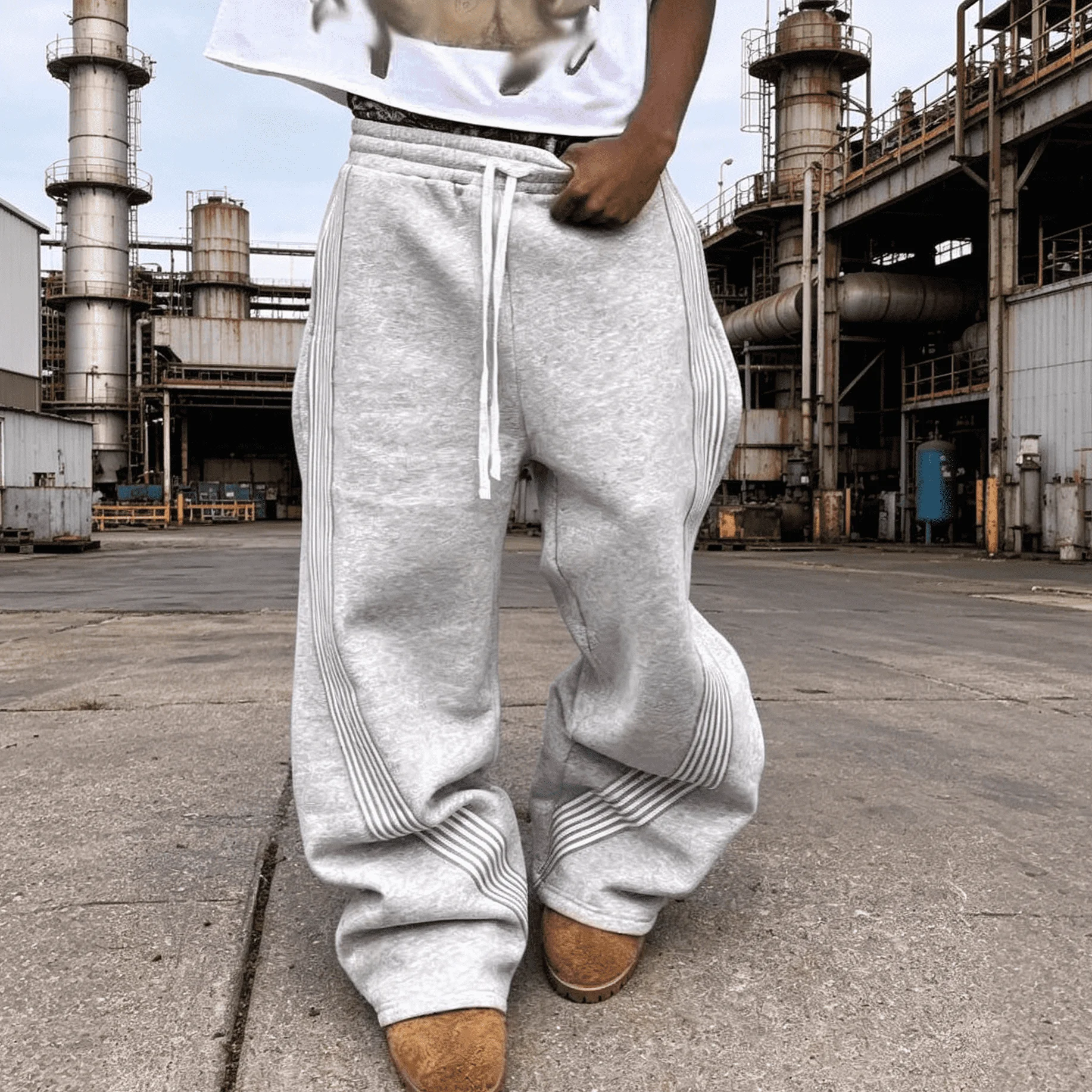 Custom Striped Baggy Sweatpants Mens Oversized French Terry Wide Leg Streetwear Casual Drawstring Elastic Waist Jogger Pants