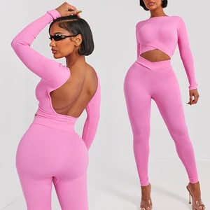 Huilong Custom Logo Backless Slimming V Waist Stretch Sports Legging Fitness Gmy Yoga Wear Ribbedtwo Piece Loungewear Set