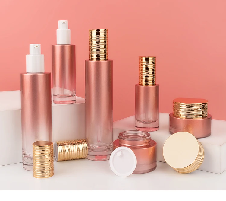 50ml high end thick bottom skincare packaging set pink cylinder glass pump bottle cosmetic face cream jar supplier