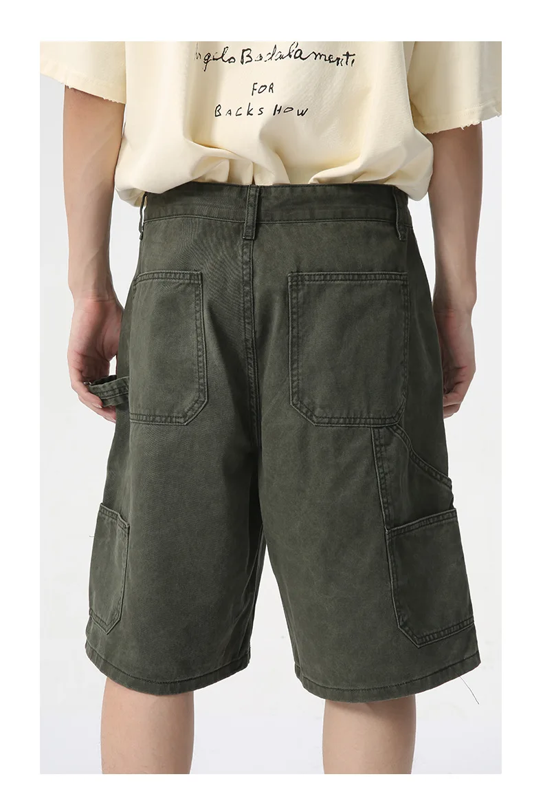 Mens Summer Short Green Straight Loose Wide Leg Washed Workwear Carpenter Style Denim Cargo Shorts Baggy Men Jeans_voghion.com