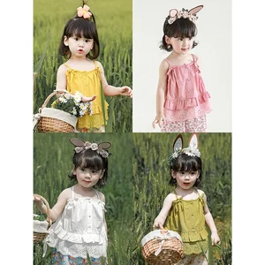 2022 Girl Summer Clothes Sleeveless Strap Girls T-shirts Solid Hollow Out Boutique Tops for Girls