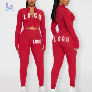 Huili Custom Logo Yogawear Slimming Red Outfits Gym Crop Top & Leggings Bodysuits Ribbed Two Piece Loungewear Set with Zipper