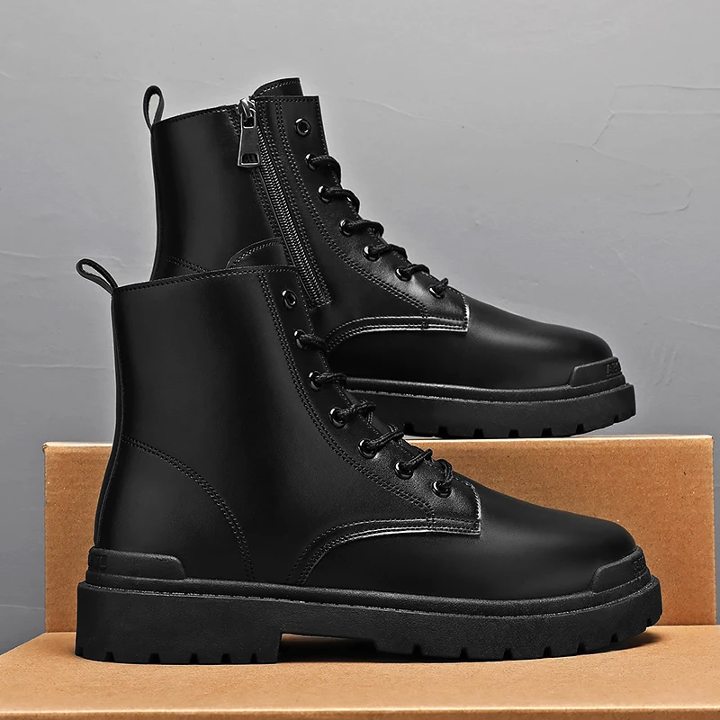 Custom Men Shoes Black Side Zipper Work Boots High Top Fashion Black