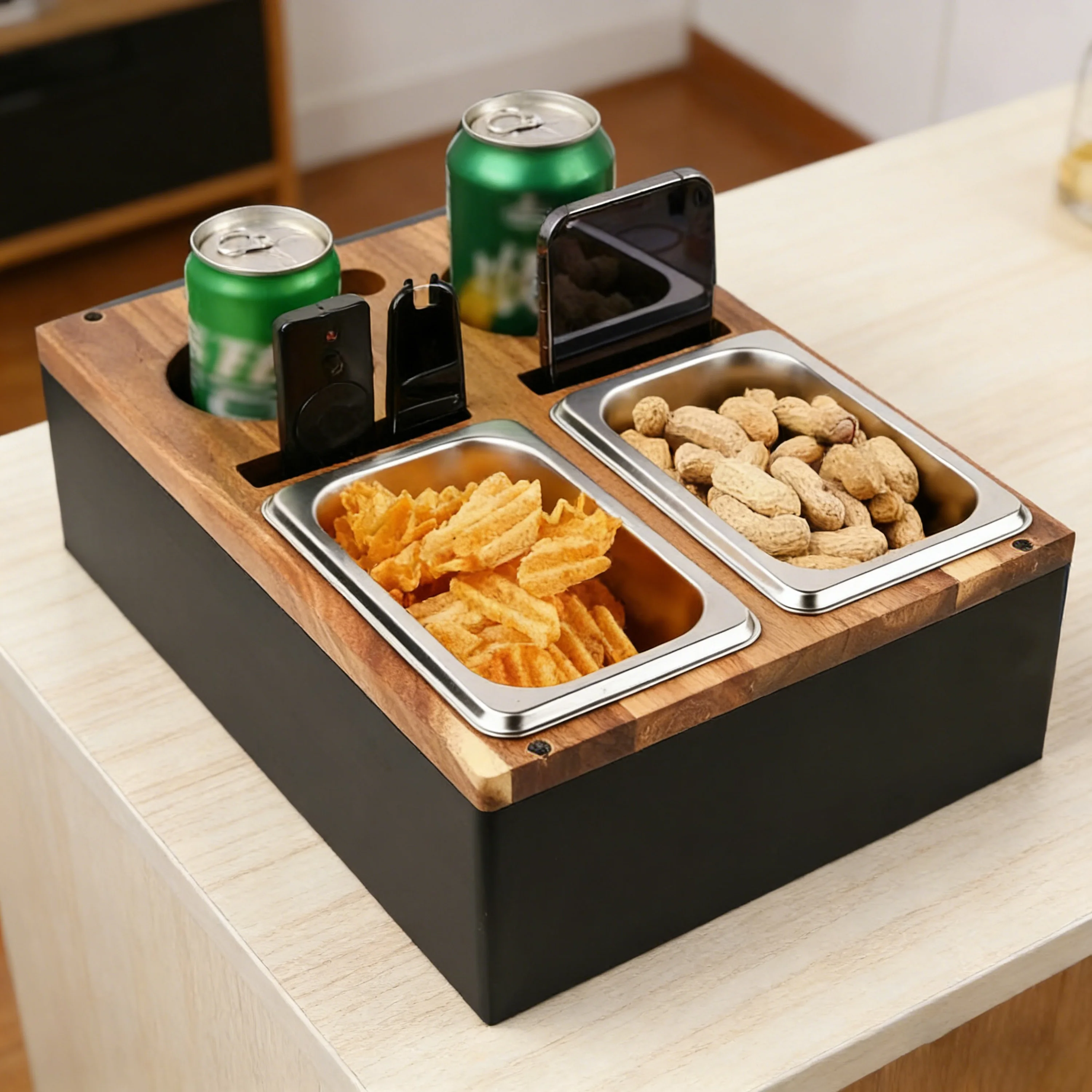 Acacia Wooden Portable Detachable Sofa Snack Couch Drinks Storage Tray Caddy Tray Box Cup Holder