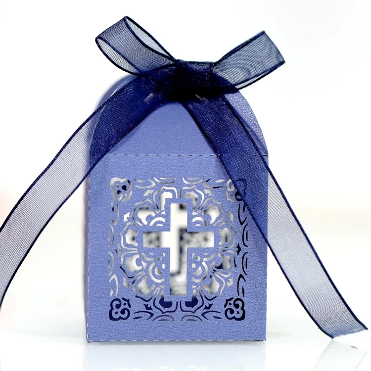 70 Pack Baptism Favor Boxes - Laser Cut Cross Design With Ribbons For Christening Party