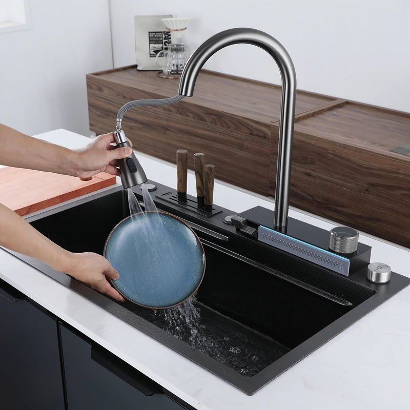 Luxury Anti-Scratch LED Digital Display Stainless Steel Kitchen Sink Faucet Multifunctional Basket Drainage Cover Chopping Board