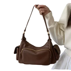 2026 Vintage Brown PU Leather Ladies Handbag with Zipper Retro Style Underarm Bag for Shopping Tote Bag with Multi-Pocket