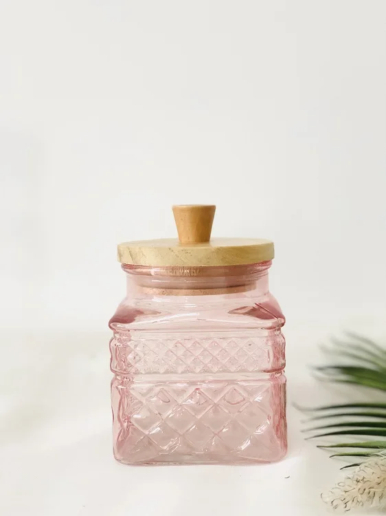 Custom Multi Color square sealed Glass Food Storage Jar with Wooden Lid