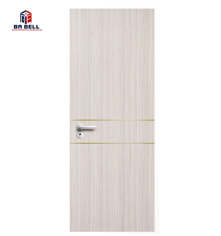 Light Gray Italian Style Simple Design Wooden Golden Metal Strip Doors Light Color Laminated Flush Internal Swing Interior Door