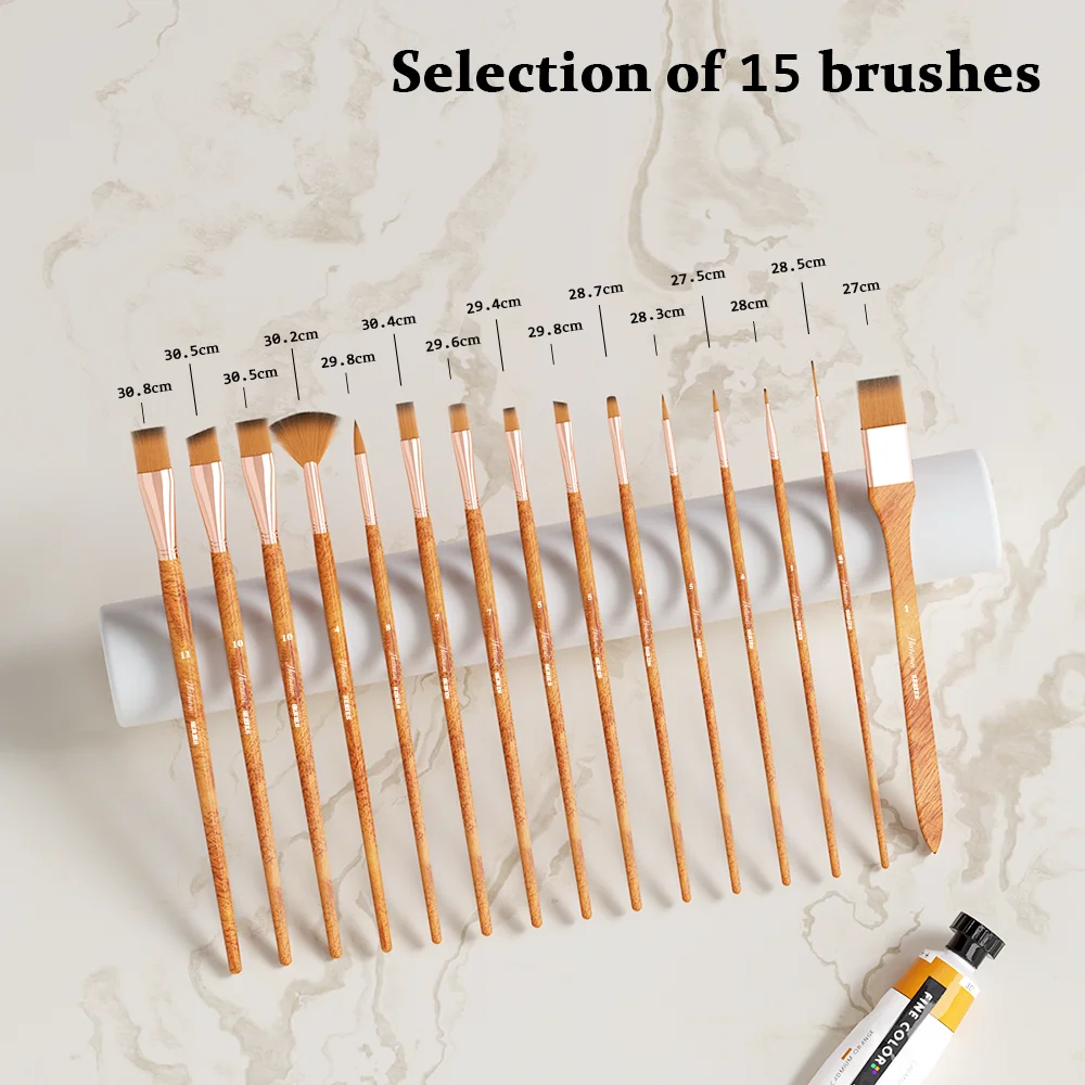 Professional 15 Pieces Nylon Wool Hair Wooden Handle Artist Drawing Paint Brushes Set for Acrylic Watercolor Gouache Oil