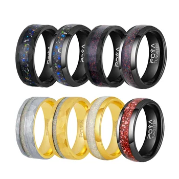 Poya Jewelry Custom Wedding Ring Gold Plated Couple Wedding Band Hammered White Black Fire Opal Tungsten Ring Couple Ring