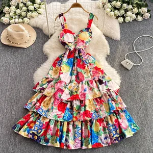 Women's Summer Regular Fit Midi A-line Dress French Vintage Floral Digital Printed Casual Sling 100% Polyester Party