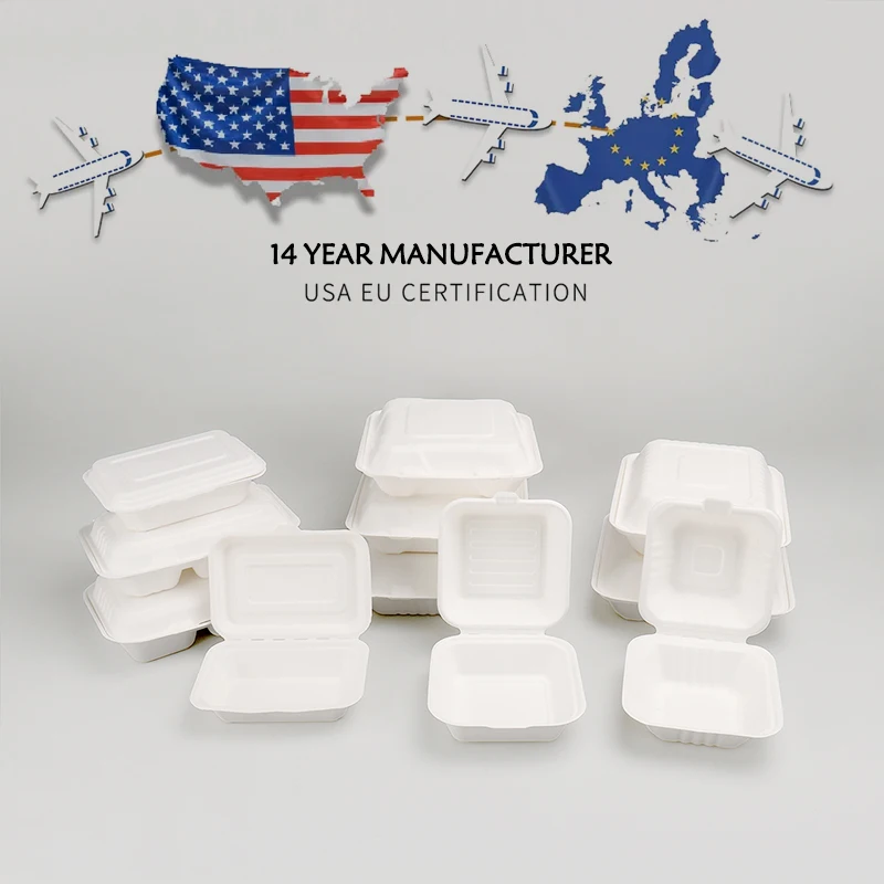 Compostable Biodegradable to Go Food Container Disposable Take Away Takeout Bagasse Hinge Lunch Box togo Sugarcane Packaging