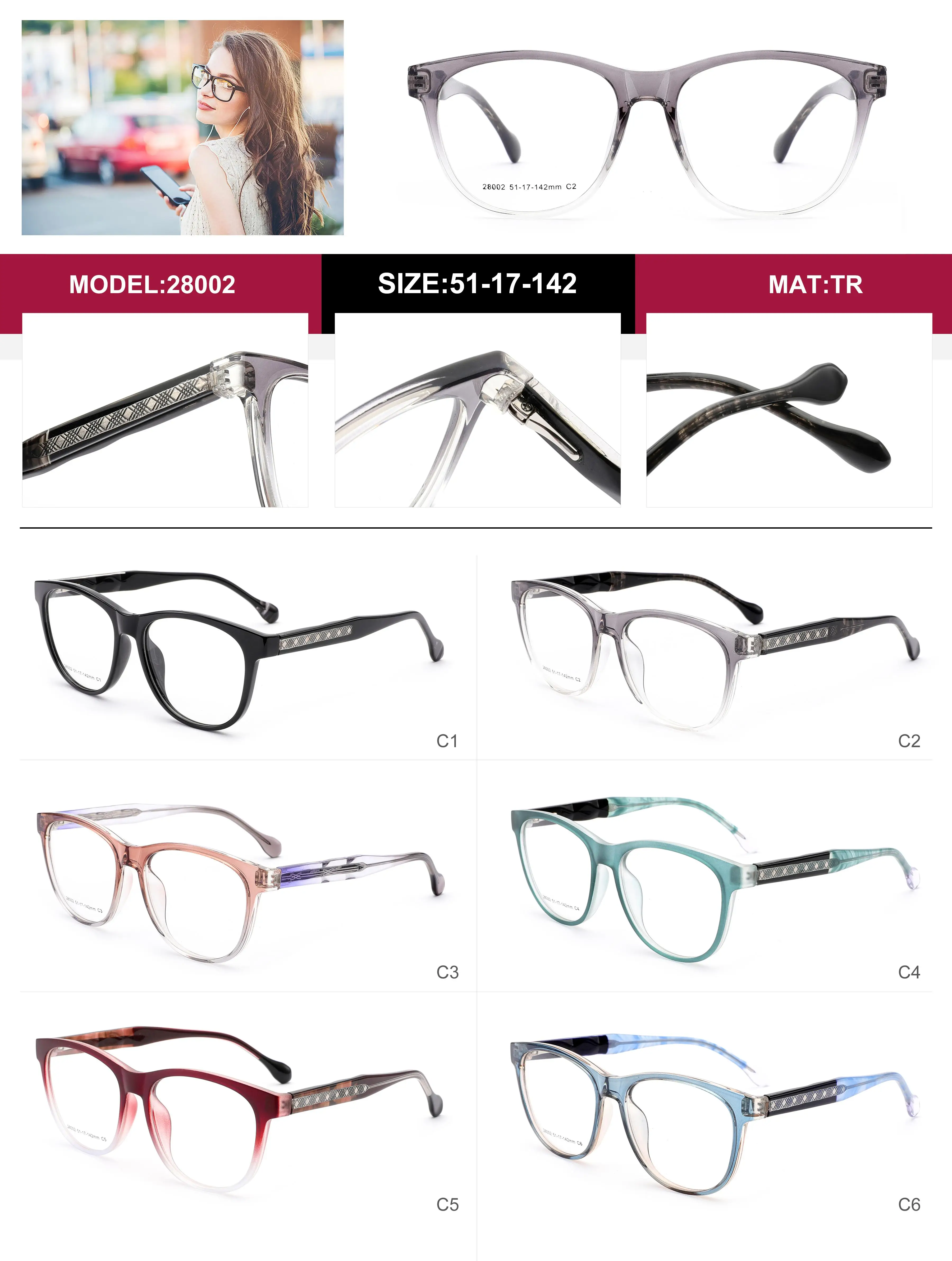 WXS-28002 New Arrival Women Cat Eye Square Fashion TR Eyeglasses Frames for All Face Eyewear Spectacles with Spring Temple