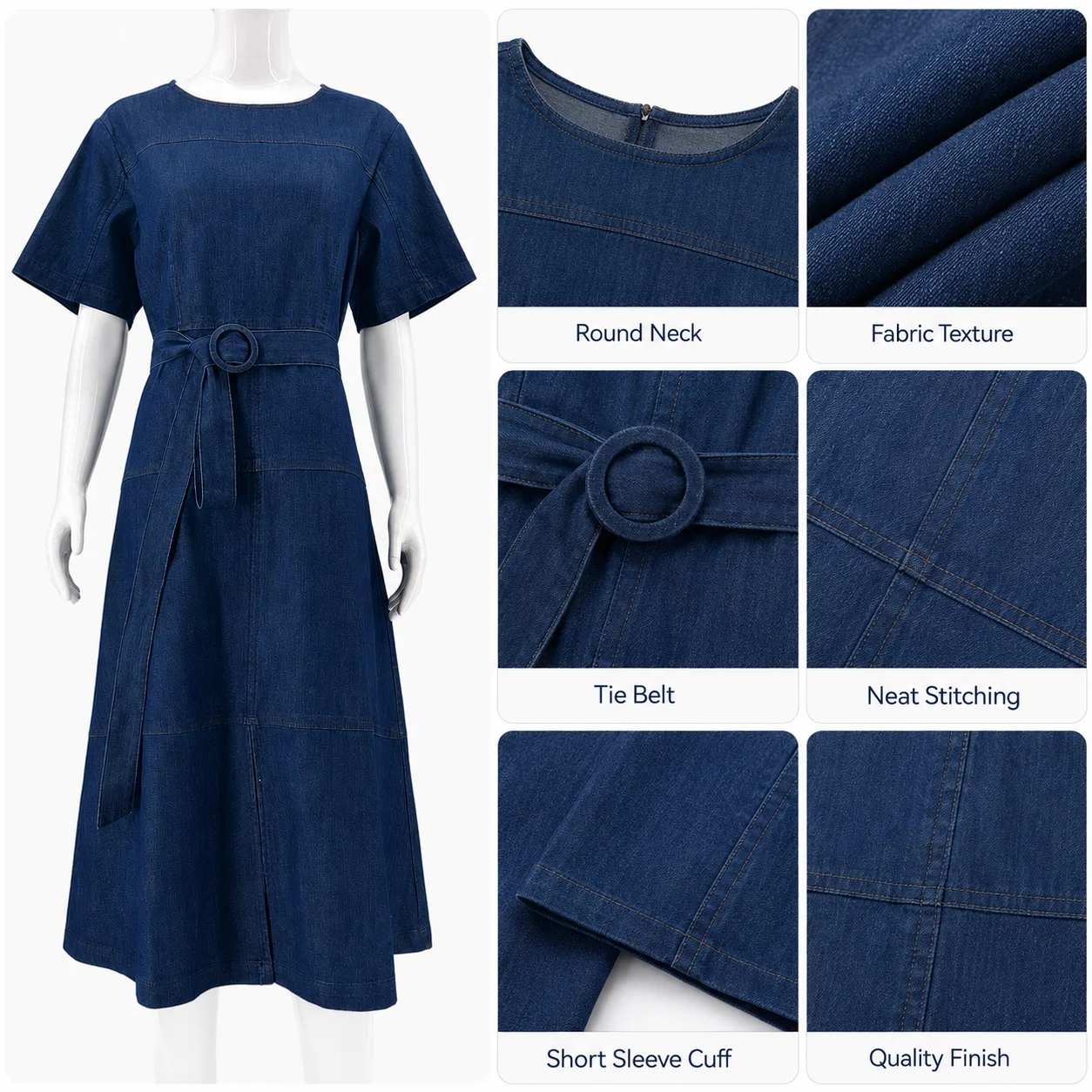 OEM ODM Summer Midi Denim Dresses Cotton Blend Dark Wash Casual Breathable Plus Size Women Dresses