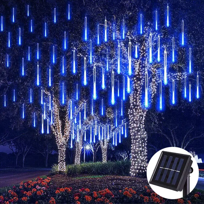 Waterproof solar rgb meteor snow shower falling rain drop christmas tree party led string storage garden lights outdoor decor factory