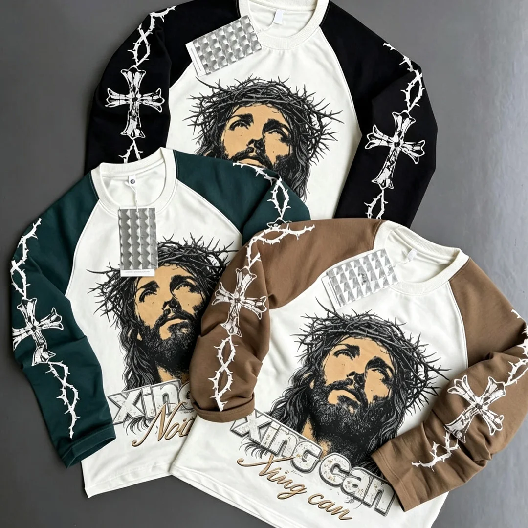 Aangepaste Vintage Kleur Blok Raglan Mans Langmou-T-hemp Skerm Uitdrukking Oorgroot Hoofstraat Hemp Premie Katoen ODM Groothandel