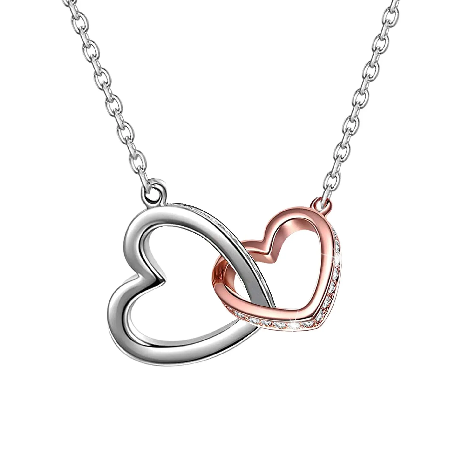 Love Heart Diamond Pendant Necklace S925 Sterling Silver Double Heart
