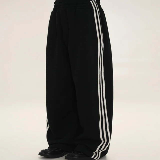 Customized Striped Tape Side Wide Leg Sporty Pants Men Y2K Streetwear Nylon Track Pants Straight Leg Sweatpants