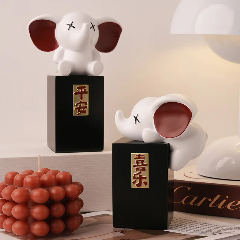 Two Cute Elephant Figurines Good Luck Symbols Modern Minimalist Home Decor Living Room Entryway Tabletop Ornament Set