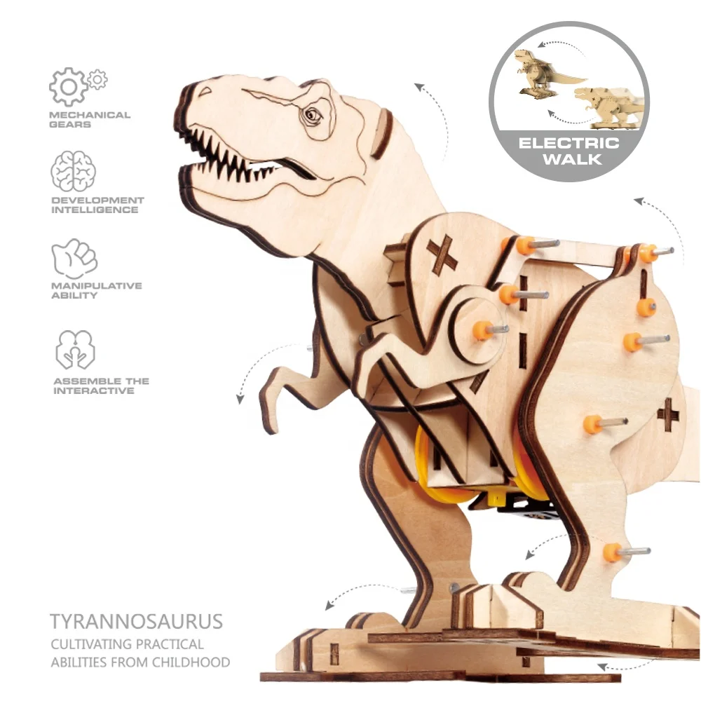 MIEBELY 3D Wooden Puzzles Electric T-Rex Dinosaur Toys Walking w/Reali
