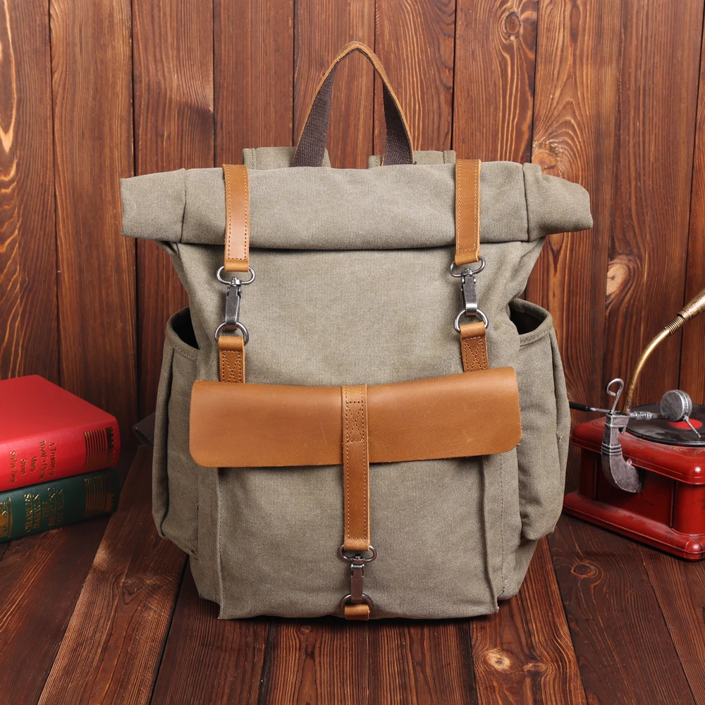Custom Canvas Backpack with Leather Trim Travel Vintage Laptop Backpack for Student