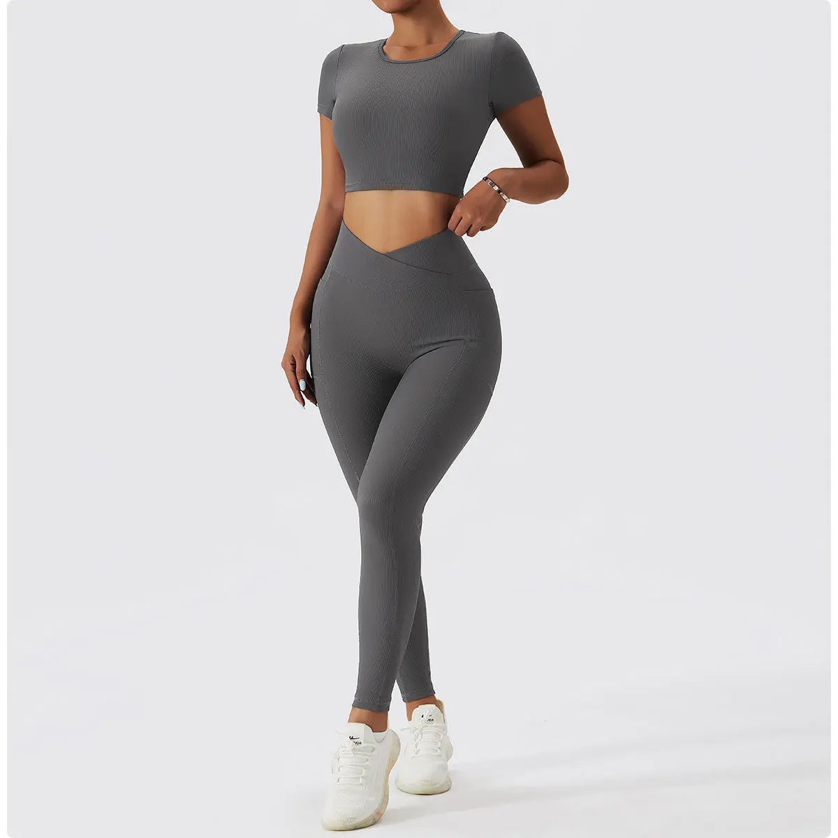 2023 New Women 4 Piece Gym Workout Leggings Sets Activewear Open Back Sports Bra High Waist