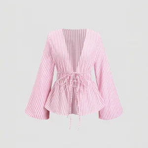 Autumn New European American Casual Striped Cotton Lantern Sleeve Lace-up Long Sleeve Cardigan Shirt Cross-border