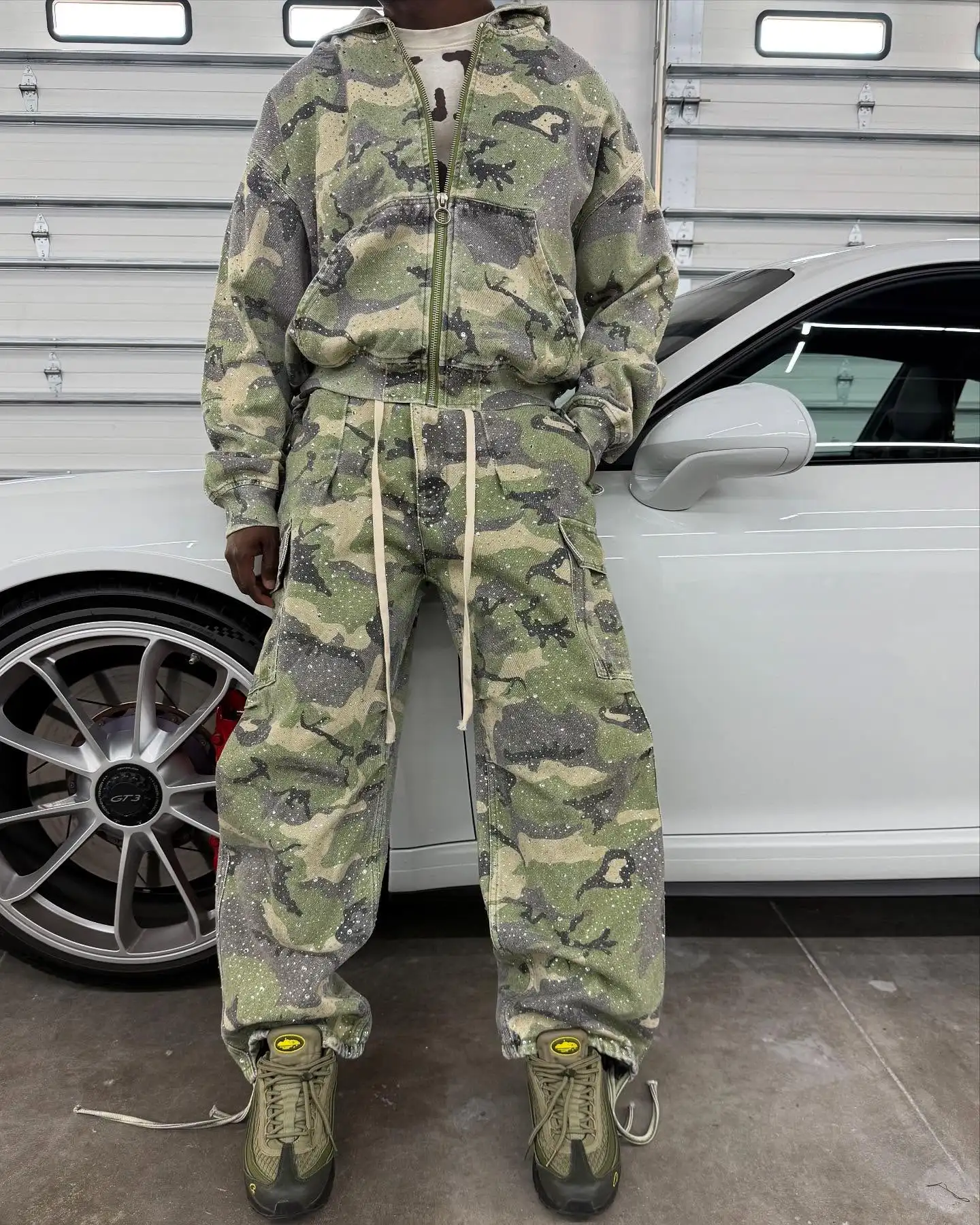 Custom Manufacturer Oversized Camoflouge Sweatsuit Camo Cargo Pants and Zip up Hoodie Jacket Set Streetwear Tracksuit Me