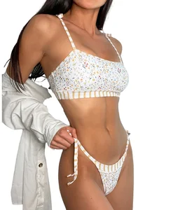 2023 Two-Piece Sexy Floral Print Splicing Bather Bathing Suit High Cut Thong Bikini Set Swimwear Beachwear OEM Service Front