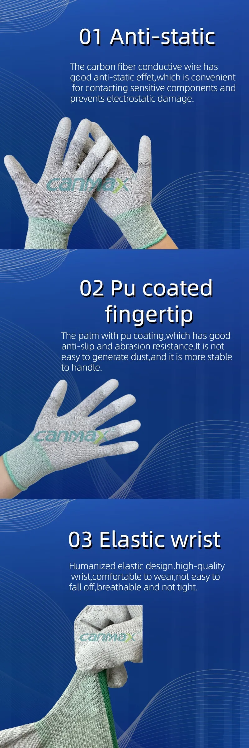 Knit Anti Static Pu Fingertip Coated Insulated Cut Resistant Gloves