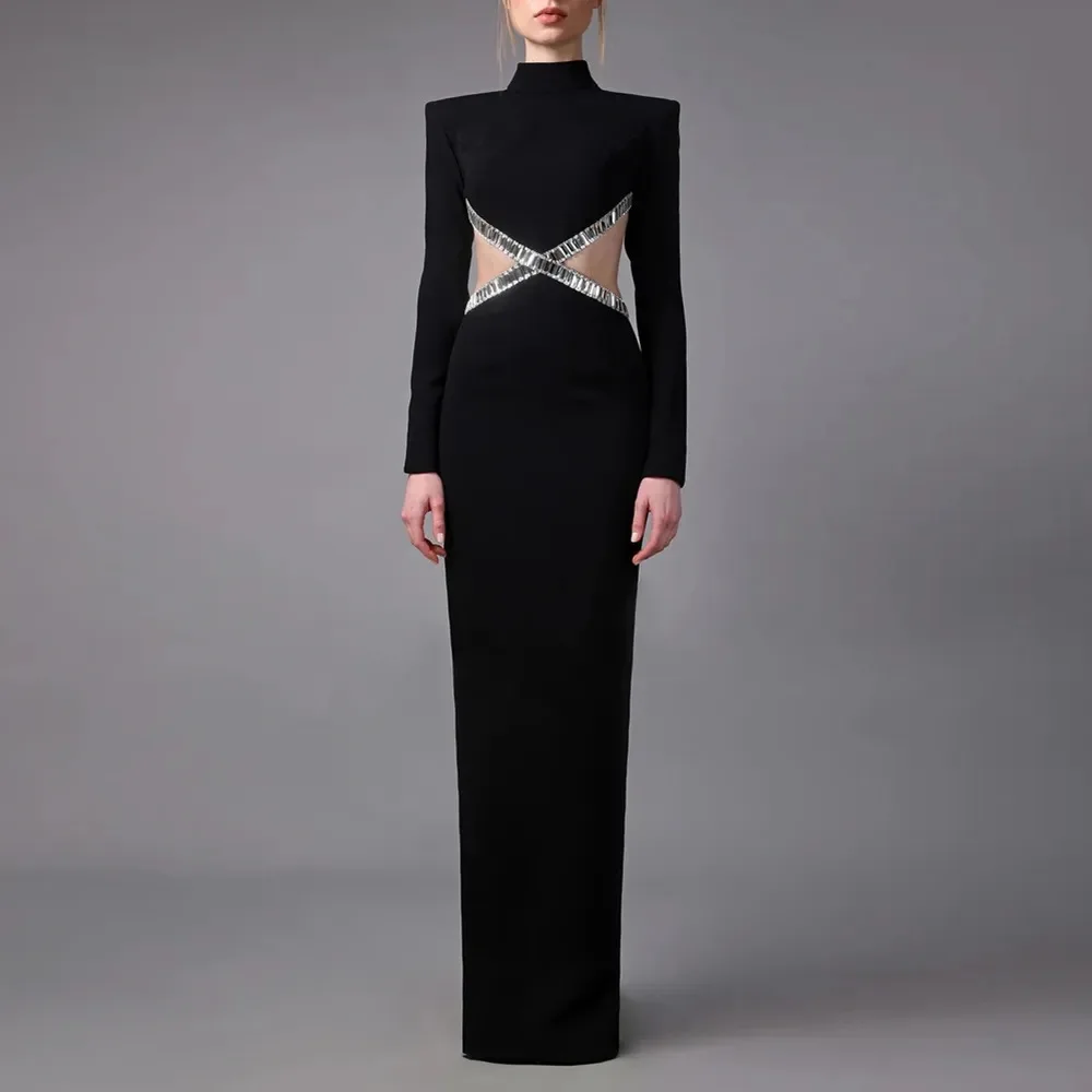 Dropshipping new fashion crytal beading black long sleeve bandage gown dress for women