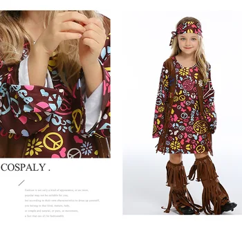 Kids Girls Halloween 60s 70s Vintage Hippie Fringe Floral Costume Dress Child Indian Native Hippy Funny Clothes For Baby Toddler