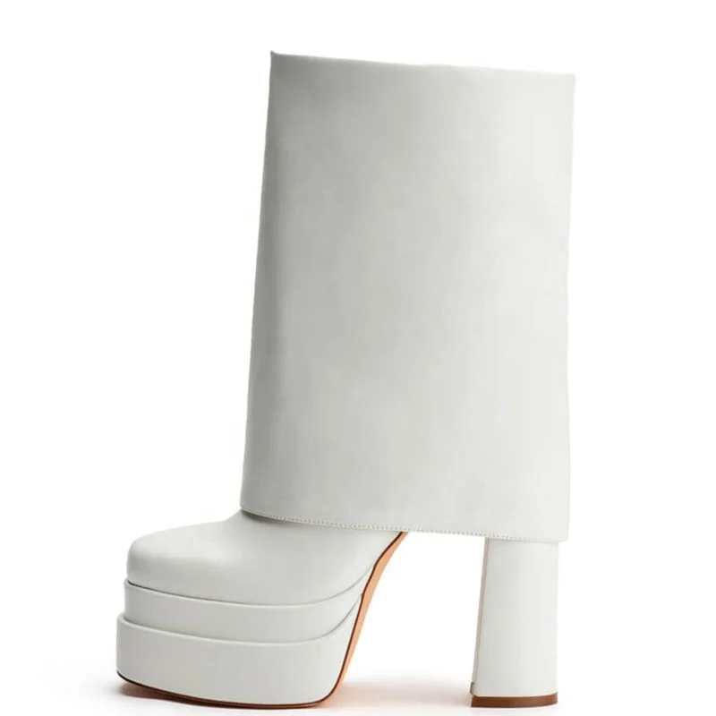 Trendy Short Overlay Platform Booty Chunky High Heels Ankle Boots for Women Square Toe Folded Over Shoes