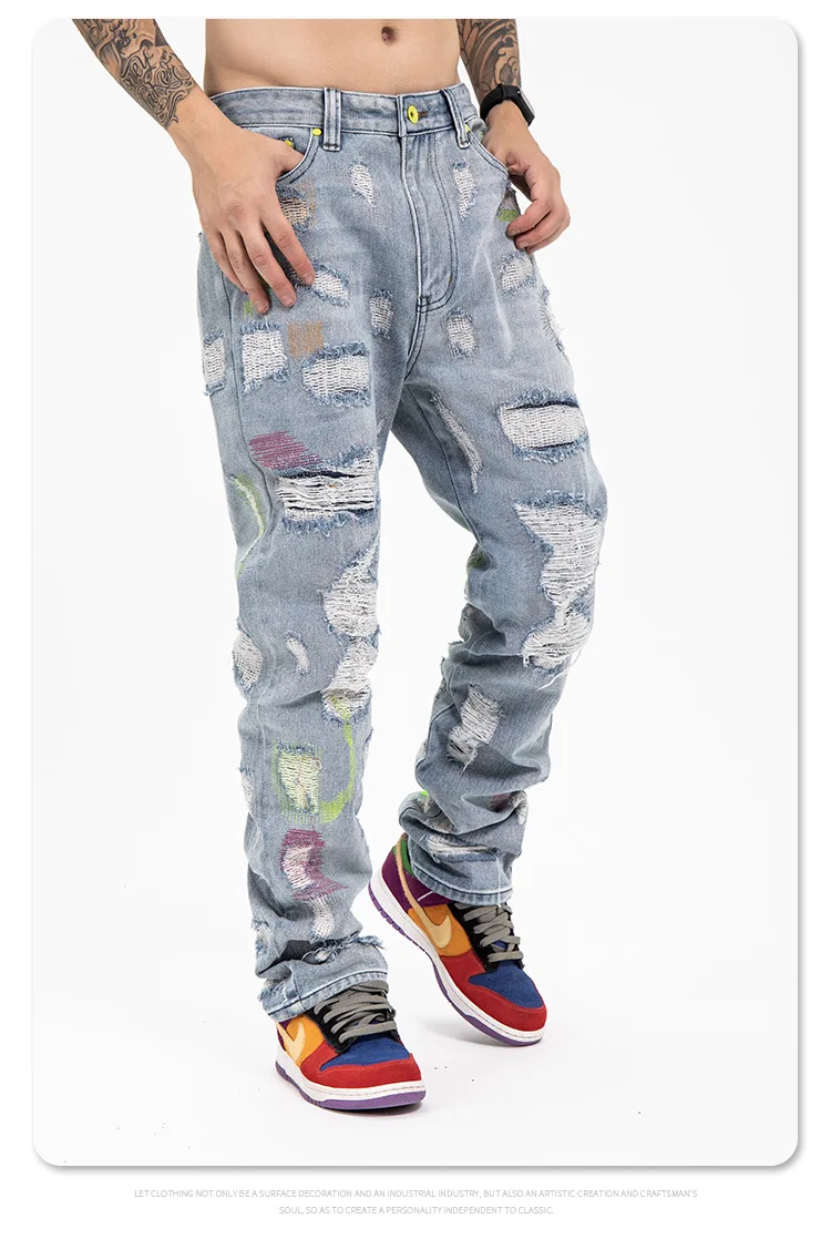 Fashion Embroidery LOGO Custom Denim Ripped High Street Custom Men's Jeans