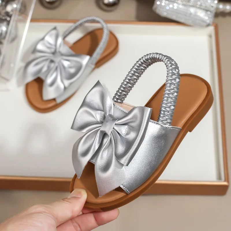 BSCI/Smeta/Sedex/Higg/GRS Factory Wholesale Custom Logo Baby Girl Gold Bowknot Sandals Elastic Webbing Princess Slipper Sandal