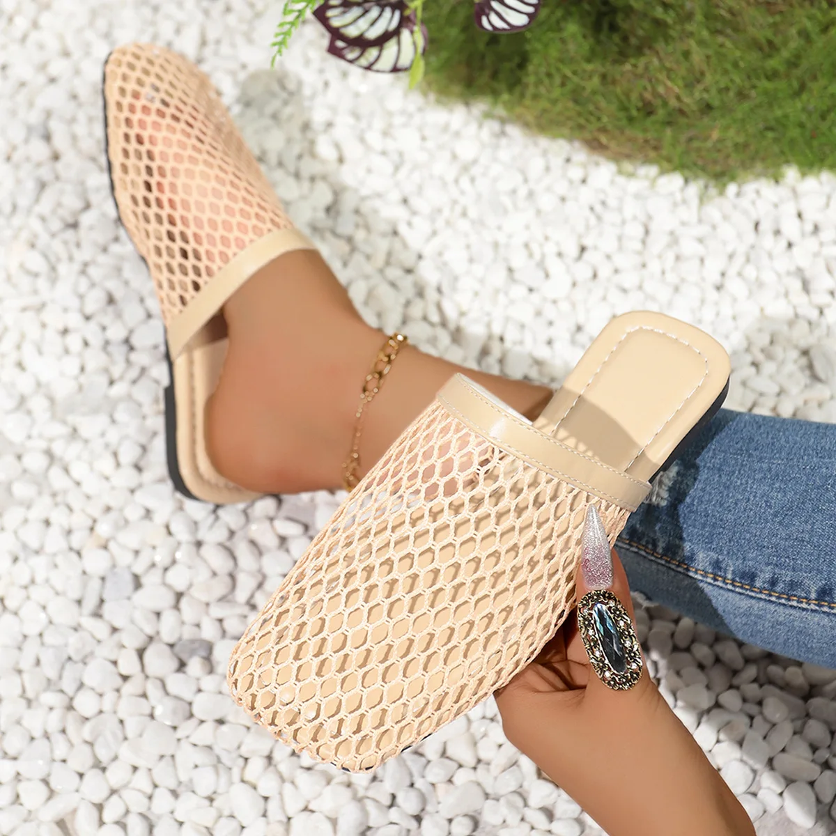 Beach Vacation Sandals Women Women's Fishnet Mesh Flat Sandals - Slip-On Open Toe With Ankle Strap, Boho Style Slides Womens Sandals