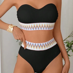 Women's Strapless High-Waist Bikini Set Contrast Color Trim Custom Logo Ruched Cut Decor XS-XL Swimwear Beachwear for Bathing