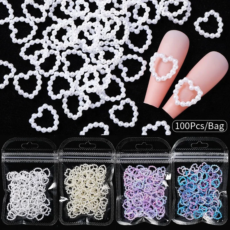 50/100pcs/Bag 11mm Korea Hollow Heart Pearl Nail Art Charm Jewelry Sticker  Pearls Decorations Graduated Color For nails Design