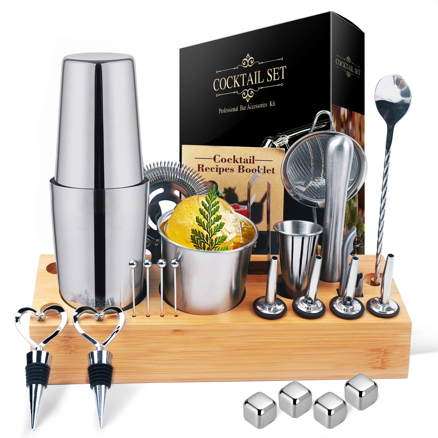 Cocktail Shaker Kit With Bamboo Stand Stainless Steel Mixer Kit For