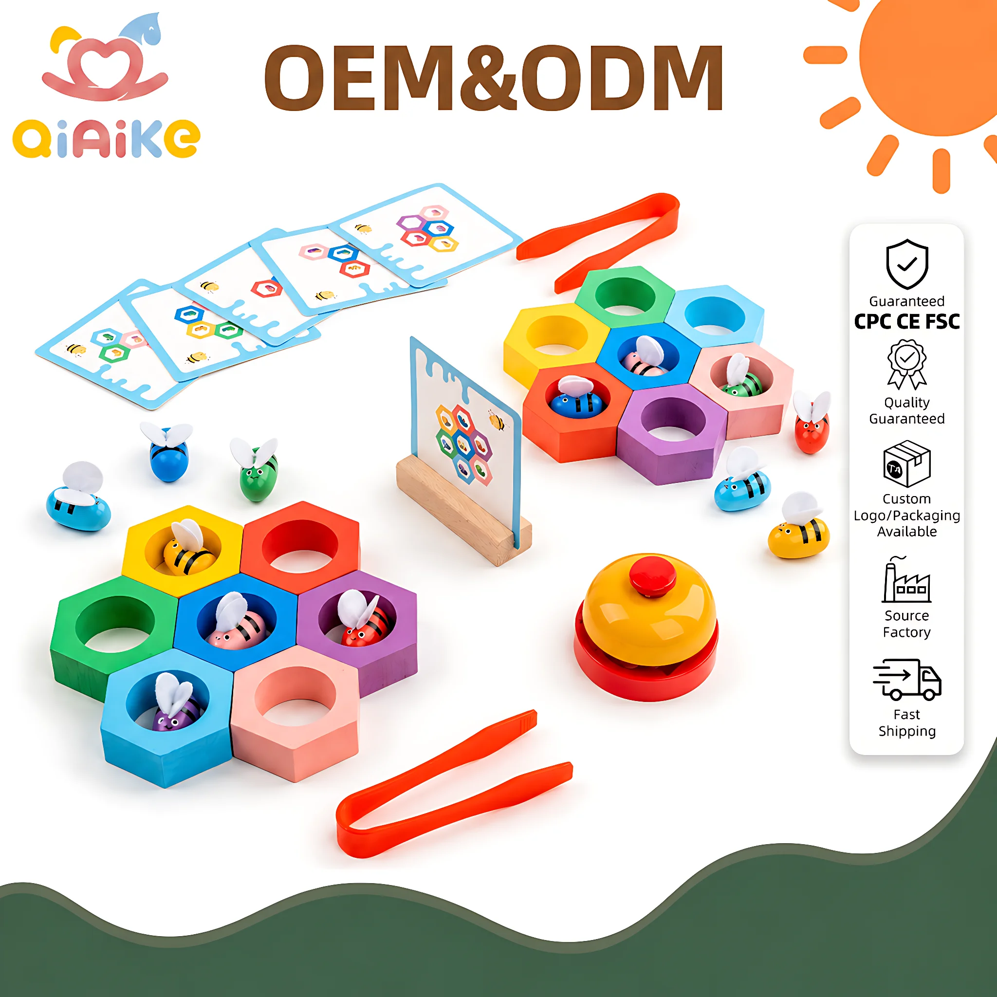 Jeu de société en gros pour 2 joueurs, en bois, « Beehive Battle », jeu de réaction rapide, jeu de correspondance des couleurs, jouet Montessori avec clochette, fabrication sous marque propre (OEM) et conception sur mesure (ODM)