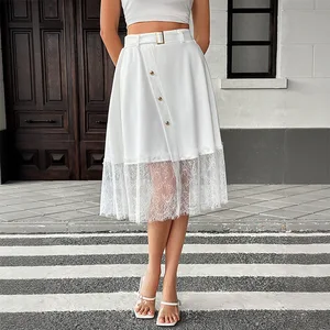 Summer elegant office high-waisted lace A-version women's new solid-color casual patchwork skirt