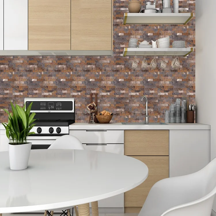 Diy Sheet Copper and Rock Composite Backsplash Decoration Metal and Stone Pattern PVC Mixed Peel and Stick Tile