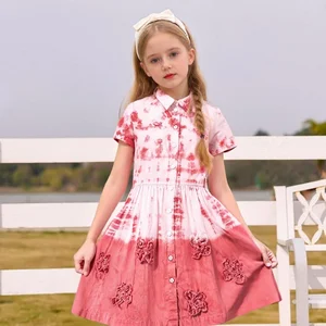 Wholesale Kids Clothes Plant Dye Natural Dye Pink Print Cotton Lapel Short Sleeves Dress Girl Dresses for Girls