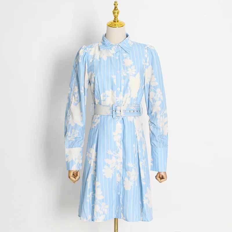 Blue Fresh and Sweet Style Contrast Color Short Dress 2022 Autumn New Printed Shirt Collar High Waist Waist Dress Women