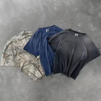 OEM Blank Tee Oversized Cropped Drop Shoulder T-shirts Vintage Acid Wash Sun Fade Plain Cotton T-shirt for Men